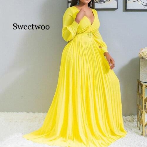 New arrival 2020 fashion bright yellow women pleated long dress sexy v-neck lantern sleeve high waist elegant temperament dress