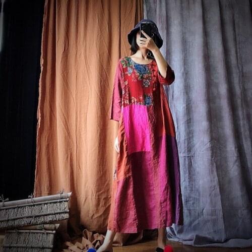 Women Loose Patchwork Cotton Linen Dress Ladies Vintage Plus Size Dresses Female Retro Dress 2020 Summer Autumn