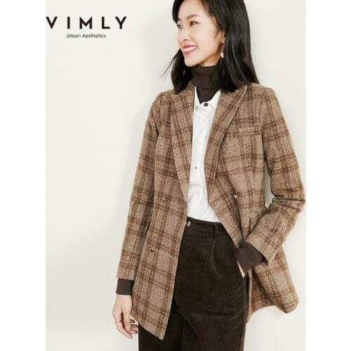 Vimly Winter Blazers For Women Elegant Notched Double Breasted Plaid Wool Jackets Office Ladies Coats Female Overcoat F5010