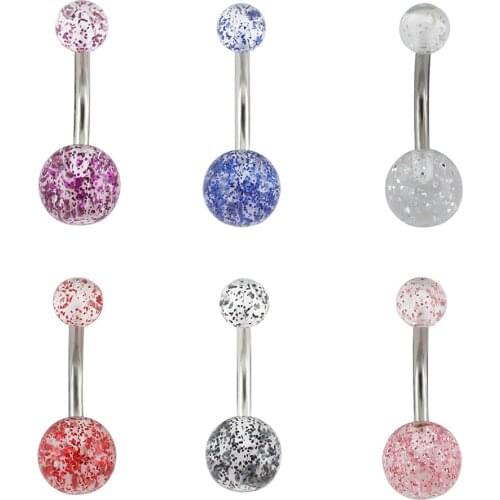 JHJT 6PCS 14G Fashion Women Navel Belly Button Ring Surgical Steel Double Acrylic Ball Belly Piercing Body Jewely