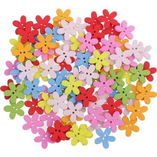 100 Pieces Colorful Decorative Flower Flatback Wooden Buttons 2 Holes Sewing Craft Scrapbooking Card