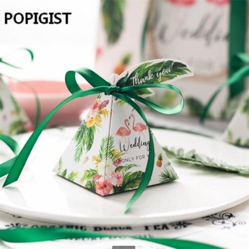 100pcs Flamingo forest Green Leaves Flower Pyramid Wedding Favors Candy Boxes Chocolate Gift Box+Ribbon +Tags