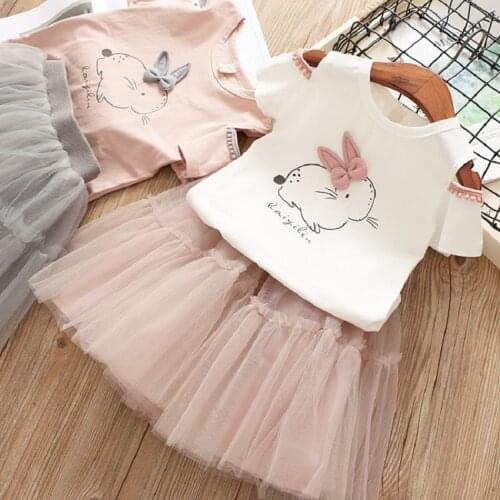 2020 Summer Baby Girls Rabbit T-shirt Bubble Tutu Skirts 2PCS Clothing Set Off-the-shoulder Short-sleeved Shirt princess Dress