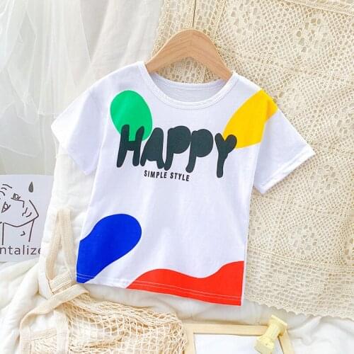 2021 cartoon pure cotton round neck T-shirt letter solid color short-sleeved summer Korean loose casual toddler clothing