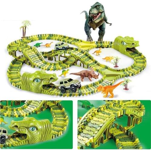 211/289pcs Dinosaur Flexible Track Car Toys Children Racing Bend Rail Track Led Electronic Flash Light Car DIY Toy Kids Gift