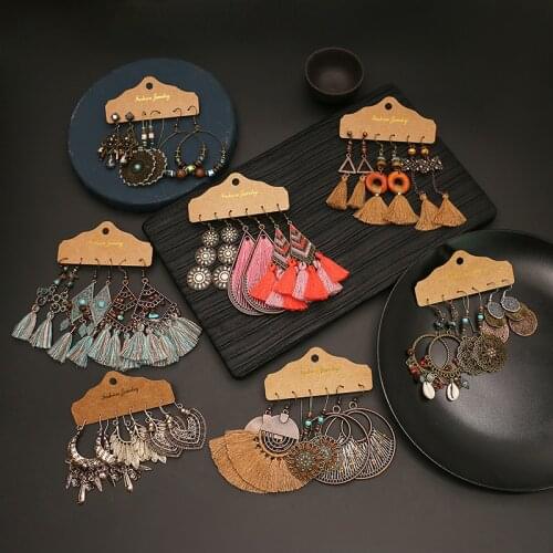 3 Pair/Set New Stainless Steel Bohemian Tassels Vintage Dangling Earrings Women Fashion Accessories Geometry Hollow Out Jewelry