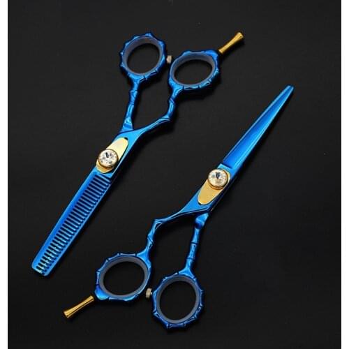 5.5 Inch Blue Cutting Thinning Blunt Tip Japan 440c Pro Hairdressing Shears Left-handed Scissors