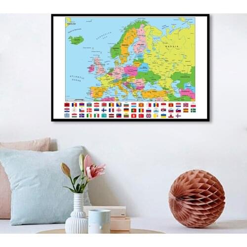 90*60cm The Europe Map with National Flags Vintage Wall Art Poster Canvas Painting Home Decor Children School Supplies