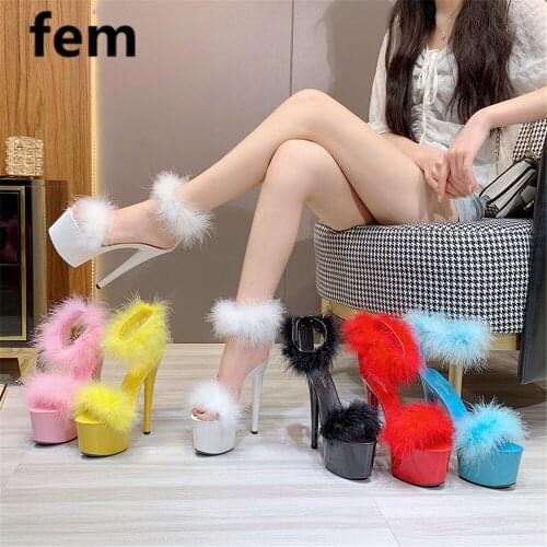 Colorful Fluffy Sandals Ankle Trap High Platform Sandals Stiletto Super High Heels Summer Shoes Women 2020 Fashion Ladies Hot Sa