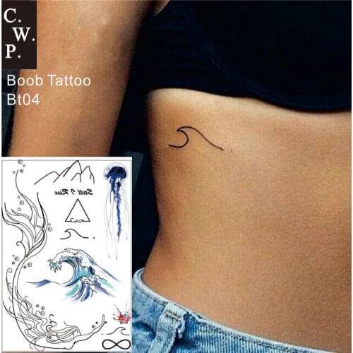 BT04 1 Piece Under Breast Side Boob Temporary Tattoo With Sea Wave, Mermaid, Moutain And Jellyfish Pattern