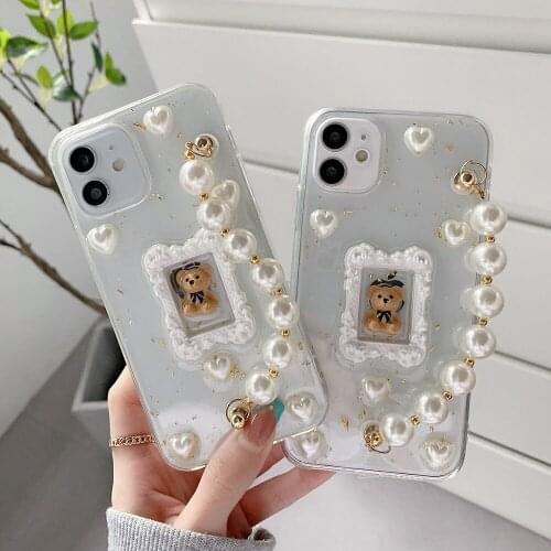Korea Cute Cartoon Bear Love Pearl Bracelet Phone Case for iphone 11 12Pro Max X XR XS 7 8Plus Glitter Transparent Epoxy Cover