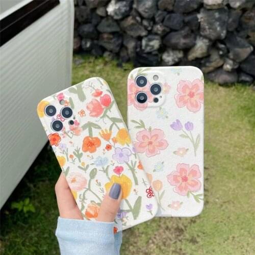Cute Pink Flower Floral PU Leather Silicon Phone Case for iPhone SE 2020 7 8 Plus X XR XS 11 12 Pro Max Soft Back Cover Coques