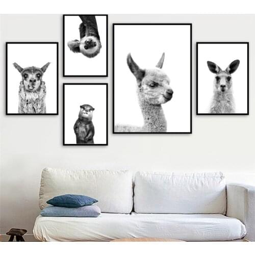 Black And White Animal Picture For Home Design Alpaca Kangaroo Otter Bull Wall Art Canvas Print Poster For Living Room Decor