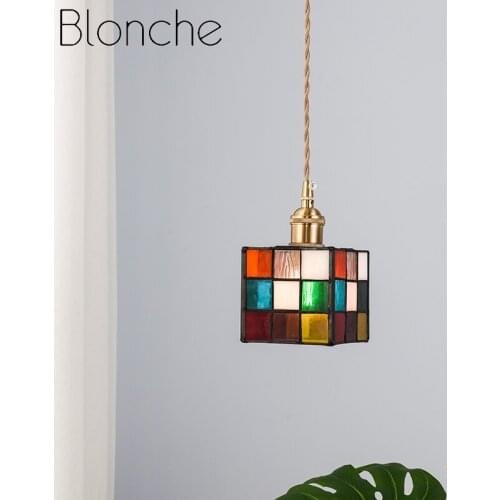 Tiffany Colorful Pendant Lights Rubiks Cube Creative Home Decor Brass Glass Hanging Lamp Bedroom Dining Room Lighting Fixtures
