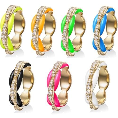 Colorful Neon Enamel Bands Gold Color Clear CZ Coffee Beaded Engagement Eternity Band Stack Women Finger Ring