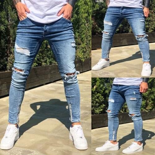 Men Jeans Slim Fit Skinny Knee Ripped Hole Stretch Cowboy Pencil Pants Men Fashion Ankle Zipper Destroyed Blue Jeans