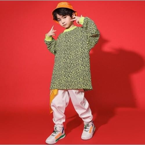 Children Hip Hop Costumes Oversized Leopard Long Sleeve Sweatshirt T Shirt Running Pants Girls Boys Jazz Dance Street Clothes