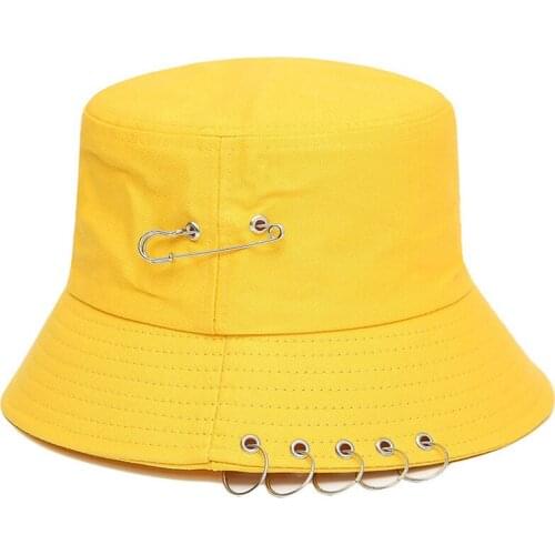 Mens Womans Basin Hat Summer Korean Style Pin Ring Iron Decorated Hat Sunscreen Fishermans Cap Uniset Outdoor Sunblock Hat