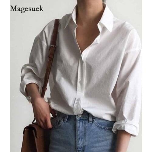 Korean OL Style Loose Ladies Tops 2020 Autumn Cotton Blouses Vintage Solid Cardigan Shirts Women White Long Sleeve Shirt 10156