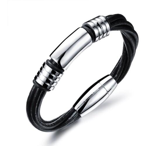 Leather Man Twisted Bangles Punk Style Black Color + Stainless Steel Magnetic buckle Cool Simple Men Jewelry Gift