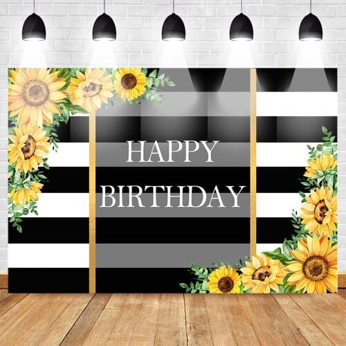 Neoback Happy Birthday Photography Backdrops Photocall Sunflowers Party Banner Decoration Background Black and White Stripes