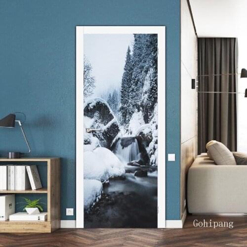Winter Snow Scenery Door Decor 3D Sticker Color Door Pulling Home Paste Self Adhesive Art Waterproof Wallpaper Print Art Picture