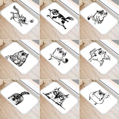40x60cm Cute Cat Pattern Floor Mat Anti-Slip Black White Carpet Doormat Indoor Kitchen Bathroom Living Room Door Mat Rugs