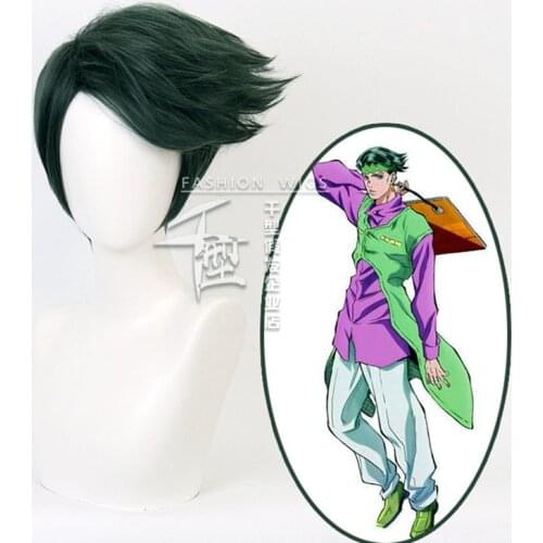 JoJos Bizarre Adventure Rohan Kishibe Short Dark Green style Heat Resistant Synthetic Hair Halloween Party JOJO Cosplay Wig