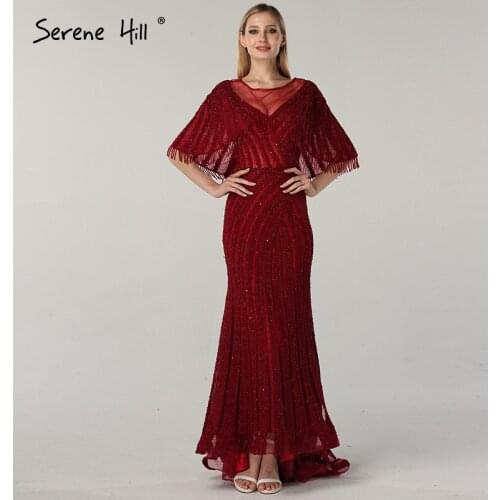 Dubai Design Sleeveless Shawl Yarn Evening Dresses 2020 Wine Red Beading Sequined Lace Evening Gowns Serene Hill BLA60800