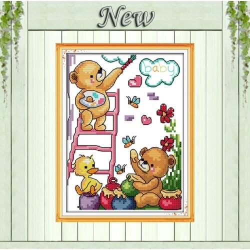 Happy painting bear cartoon lovely counted print on canvas DMC 14CT11CT DIY Cross Stitch chinese Needlework kits Embroidery Sets