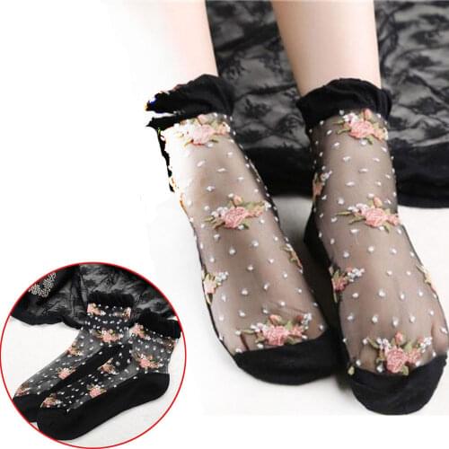 Sexy fishnet Women Lace Ruffle Breathable Ultra Thin Fashion Lady Transparent Short Socks Silk Crystal Rose Flower sock