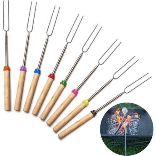 Rotatable BBQ Skewers Stretch Stainless steel Babecue Kebab Sticks Wood Handle BBQ Grill Skewers Colorful Barbeque Accessories