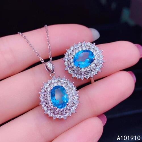KJJEAXCMY boutique jewelry 925 sterling silver inlaid Natural blue topaz Necklace Ring Suit Support detection luxurious