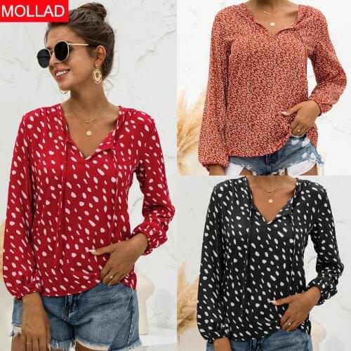 2021 Spring and Autumn Cross-Border Wish New Hot Selling Polka Dot V-neck Puff Sleeve Womens Top T-shirt