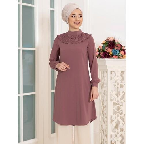 Women Muslim Tunic Shirt Blouse High Quality Crepe Fabric Turkish Made Design Product Pleat Neck Long Islamic Hijab Clothing Eid