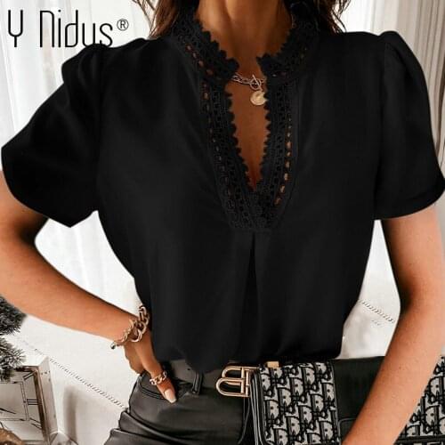 Womens Summer Blouse 2021 Sexy Deep Lace V-Neck Short Sleeve Chiffon Shirts Elegant Solid White Tops Ladies Blouses Feminina