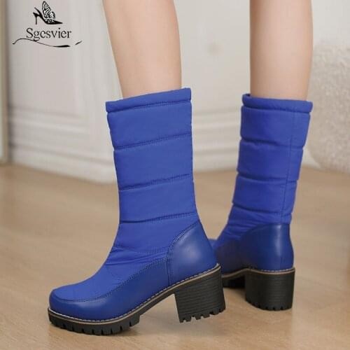 Sgesvier 2021 Cold Weather Winter Super Warm Faux Fur Plush Lined Down Fabric Womens Shoes Chunky High Heels Mid-calf Snow Boots