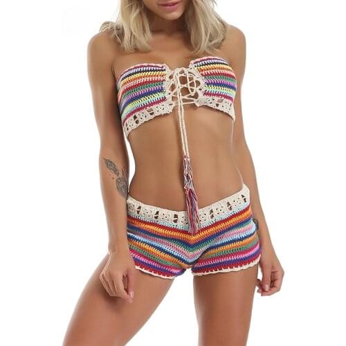 Multi Colorful Striped Knitted Crop Top and Shorts Set Summer Women 2 Piece Suits Handmade Off Shoulder Lace Up Beachwear