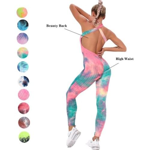 Women Sleeveless Gym Jumpsuit Stretch Fitness Workout Bodysuit Sexy Open Back Yoga Set Tie Dye Rompers One Piece Sport Set