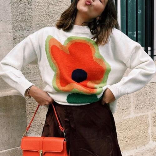Women Knitted Sweater Flower Oversized Pullovers Winter O-Neck Long Sweaters Streetwear Outerwear 2021 Y2K Female Pullovers