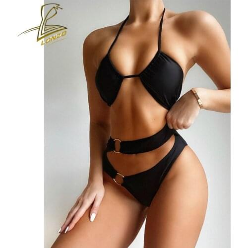 LONZO Sexy womens bikini with chest pad 2-piece set 2021 new solid color strappy swimsuit beachwear LSWB122