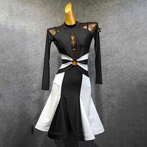 2020 New Long Sleeve White and Black Patchwork Latin Dance Dress Dancing Performance Women Dress Ballroom Samba Tango BY225
