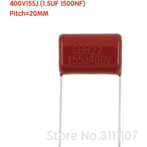 10PCS/LOT 400V155J 1.5UF Pitch 20MM 400V 155 1500nf CBB Polypropylene film capacitor 100%NEW