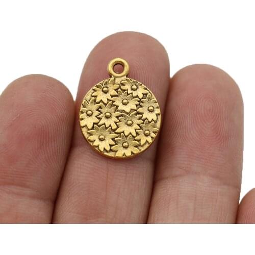 10pcs Antique Gold Color Round Flower Charms Pendants for Bracelet Jewelry Making Earrings DIY Handmade 16mm