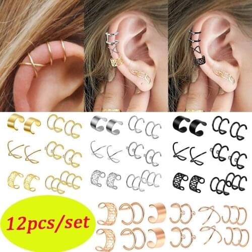 12Pcs/Set Stainelss Steel Clip Ear Cuff Earring Fake Cartilage Earring For Women No Piercing Clip Earrings Set Earcuff Jewelry