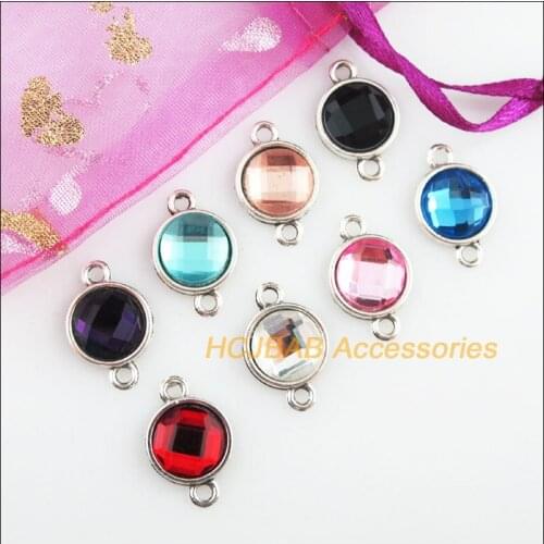 16Pcs Tibetan Silver Tone Retro Round Mixed Crystal Charms Connectors 12x18.5mm