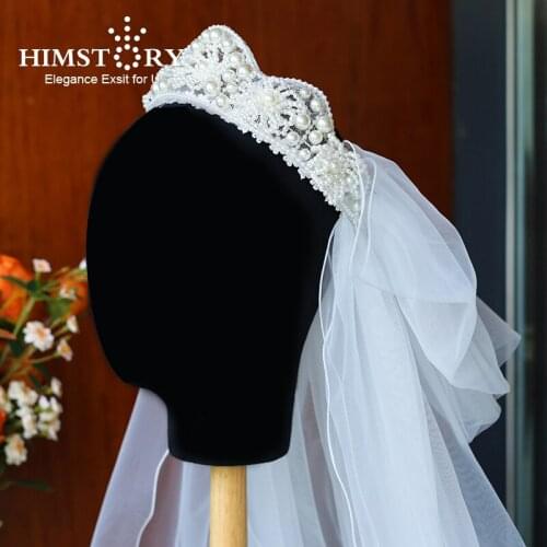 Himstory Korean Handmade Beaded Hair Band Pearl Flower Romantic Retro White Mesh Veil Headband Wedding Hair Accessories
