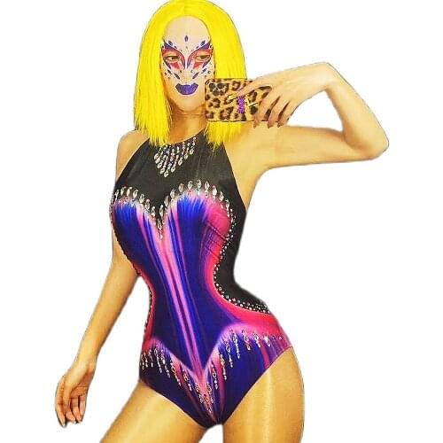 Shining Diamonds Multicolor Women Tight Elastic Bodysuits Sleeveless Halter Jumpsuits Evening Prom Costumes Nightclub Stage Wear
