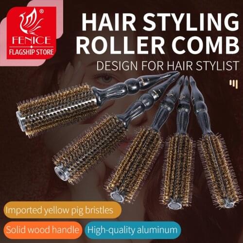 Fenice Roll round comb hair brush bristle pig mane Brown wood handle For curly hair Round bristles tips