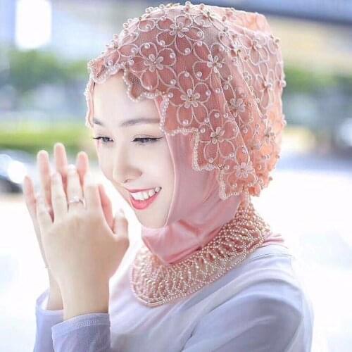 Fashion Beading Full Cover Hijab Cap for Women Pearls Turban Bonnets Ready to Wear Hijabs Muslim Headscarf